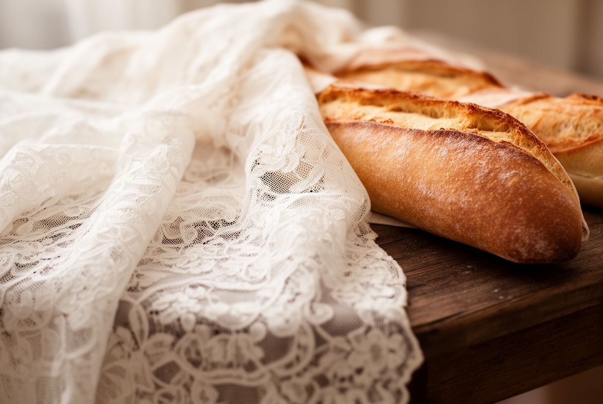 Détail d'un tissu en dentelle blanche posé près d'une baguette fraîche
