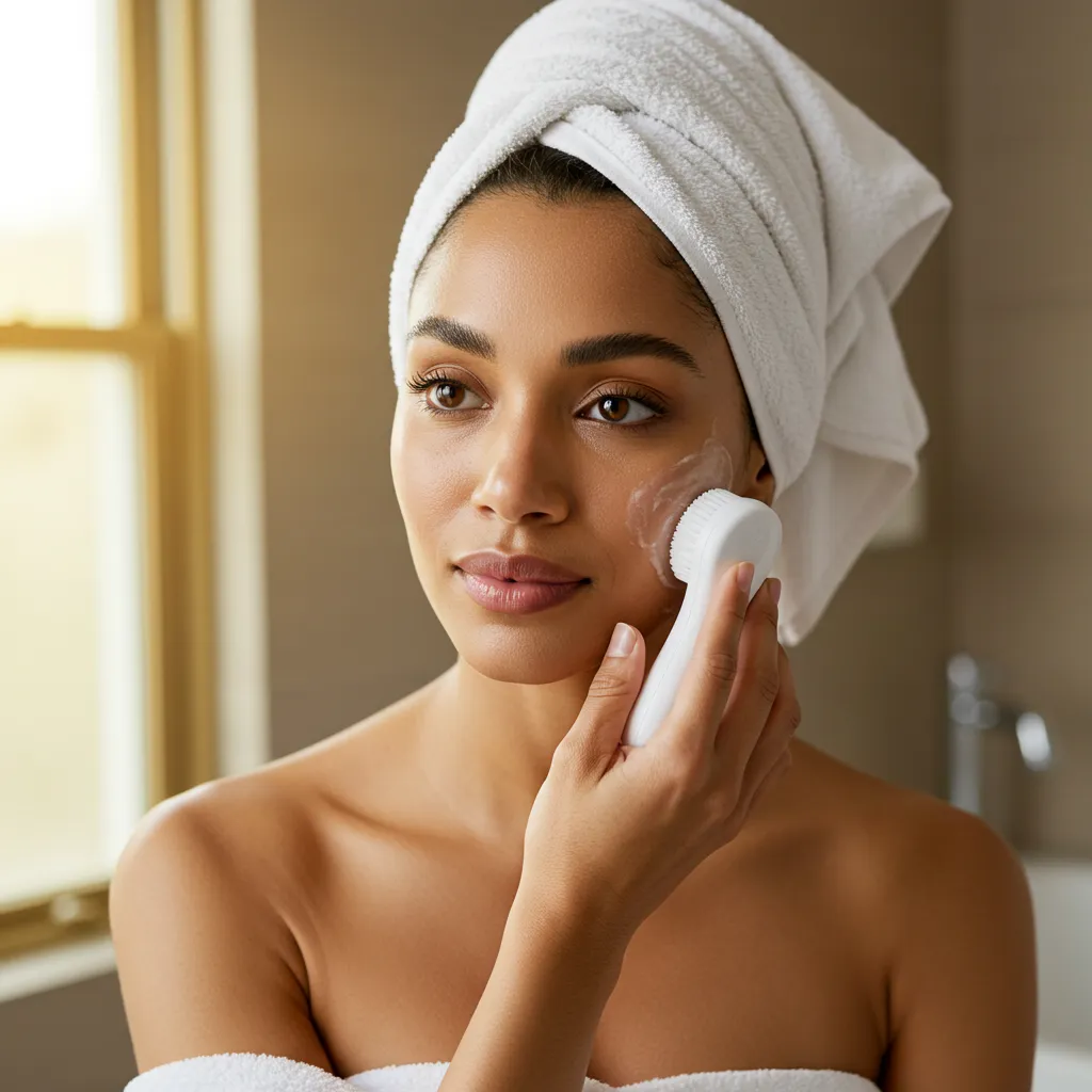 Femme utilisant une brosse nettoyante sur son visage dans une salle de bain lumineuse