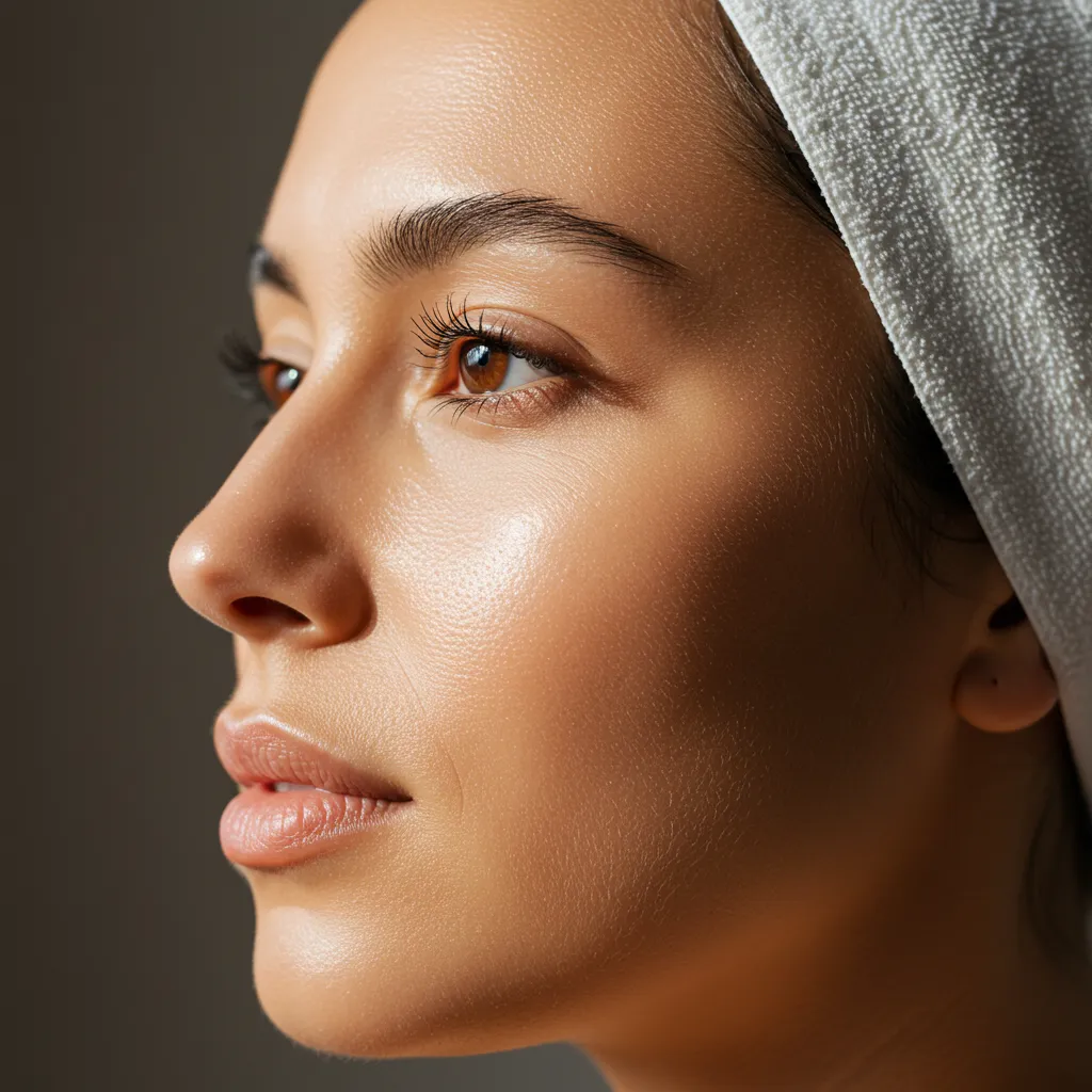 Peau du visage lumineuse et saine illustrant les effets cutanés rapportés par les pratiquants des bains dérivatifs