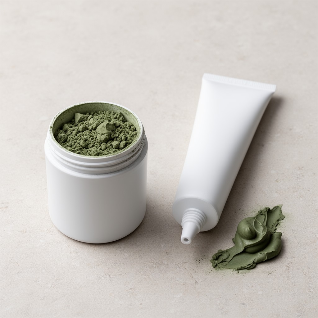 Deux contenants blancs sans étiquette, l'un avec de la poudre d'argile verte, l'autre avec une pâte prête à l'emploi