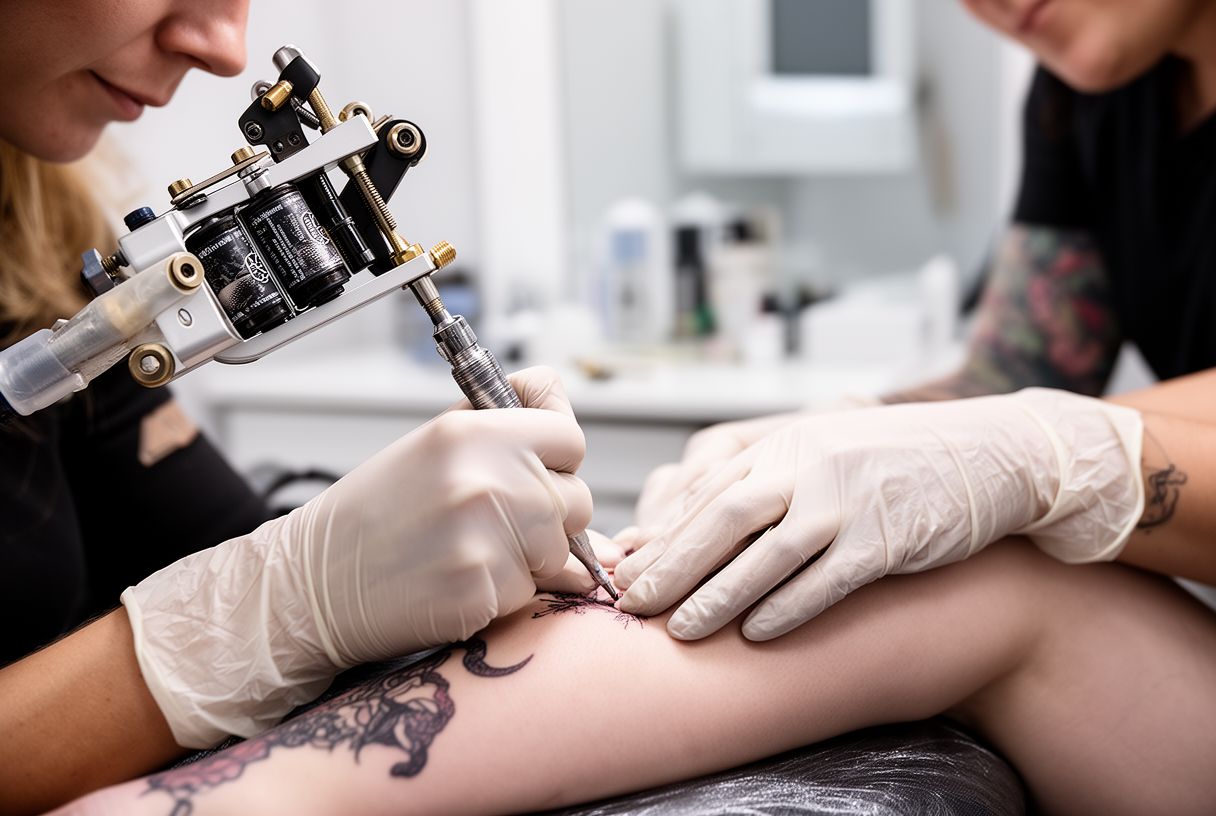 Les mains gantées d'un tatoueur au travail dans un studio moderne