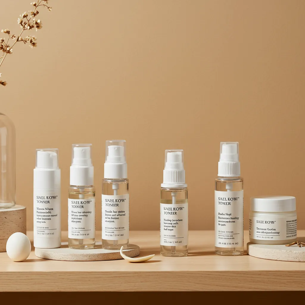 Sélection de toners visage adaptés à différents types de peau disposés sur une étagère en bois clair