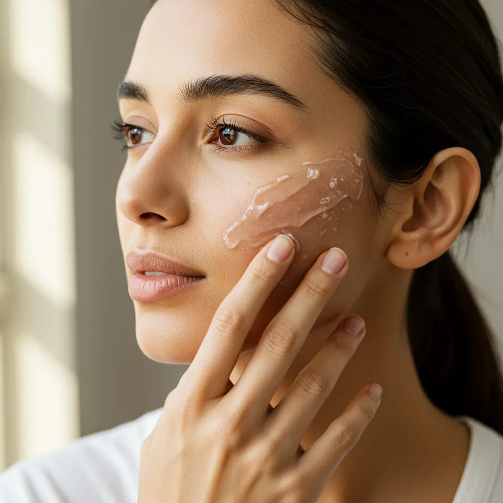 Femme appliquant du gel d'aloe vera pur sur son visage lors d'une routine soin du matin