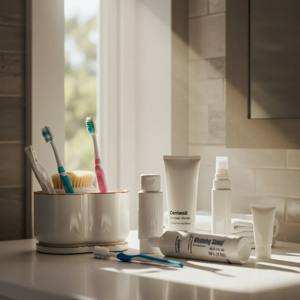 Produits de soin dentaire disposés sur un meuble de salle de bain, éclairage naturel du matin