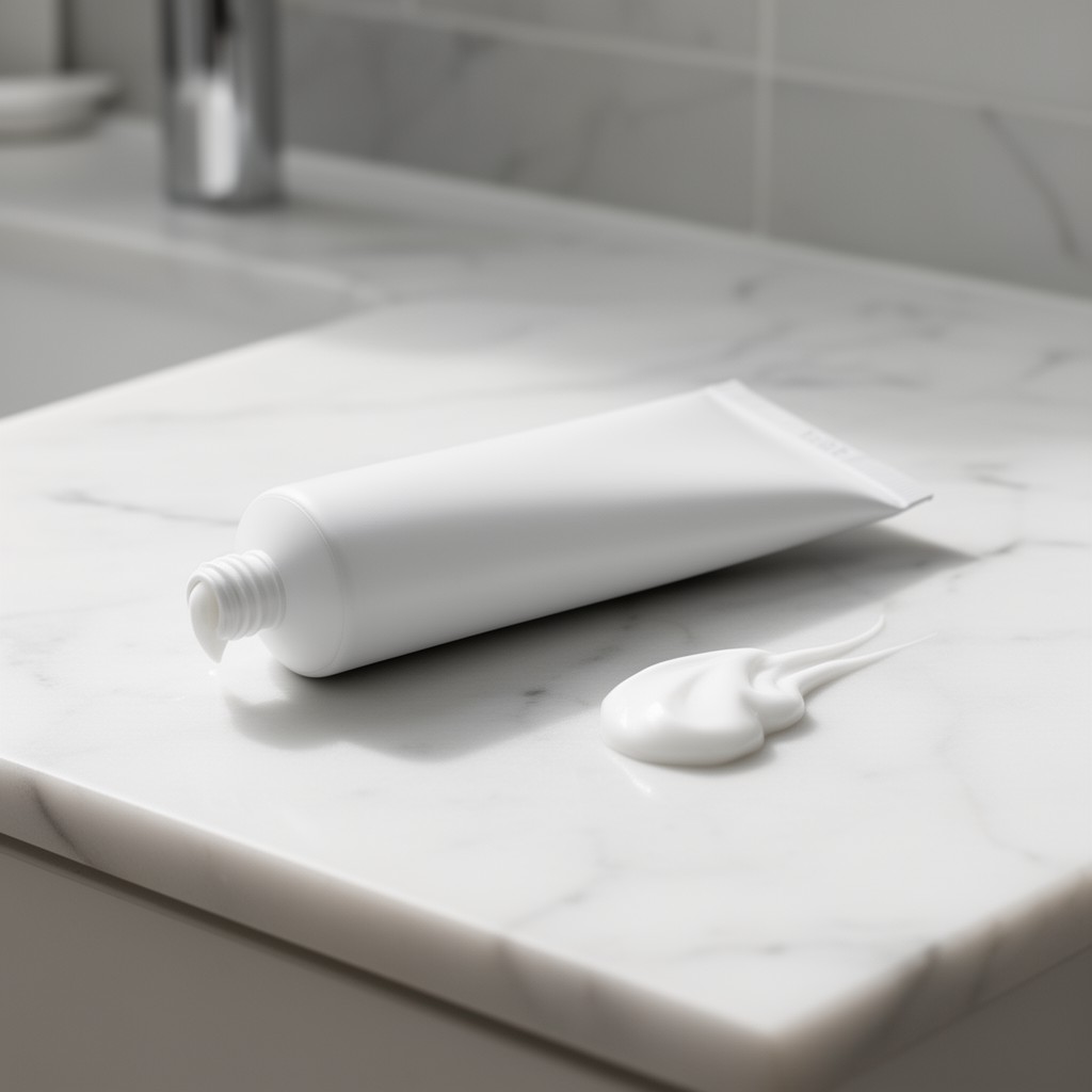 Tube de dentifrice blanc sans étiquette posé sur un plan en marbre de salle de bain
