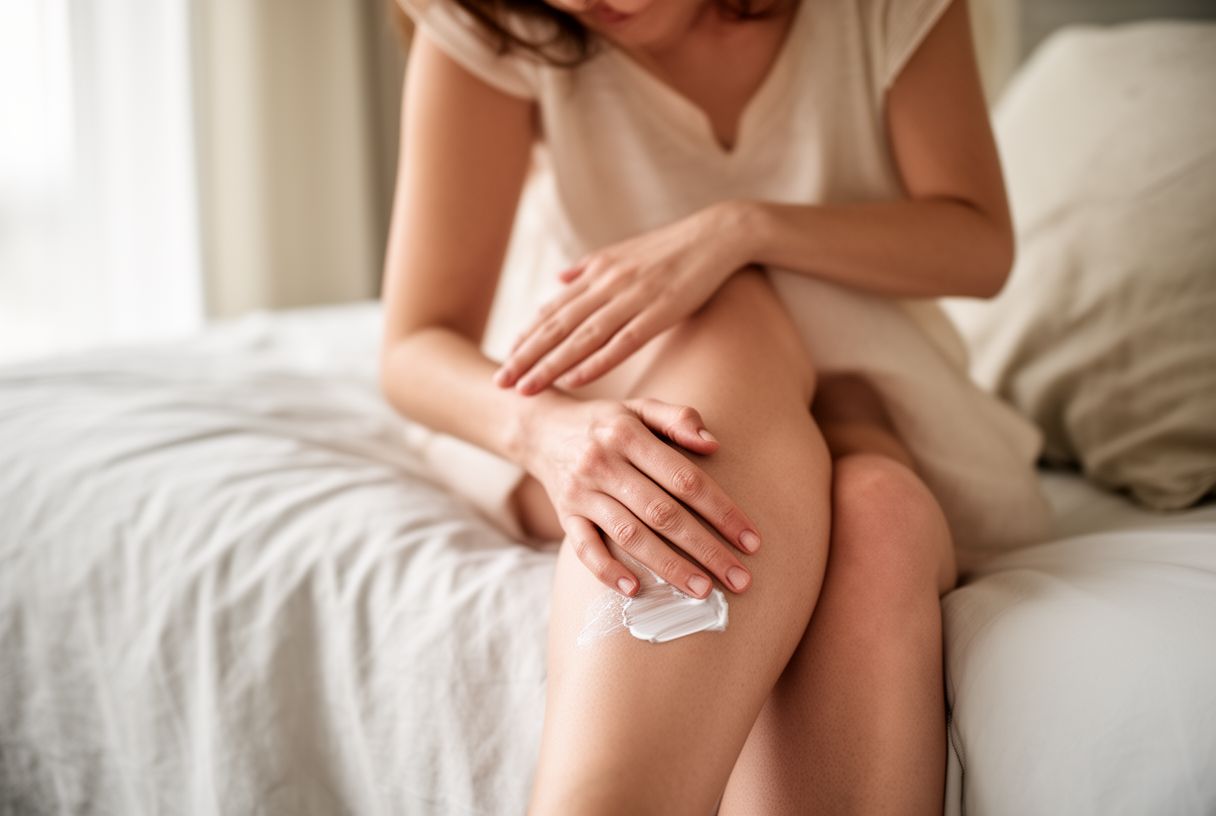 Une femme applique une crème hydratante sur sa jambe assise au bord du lit