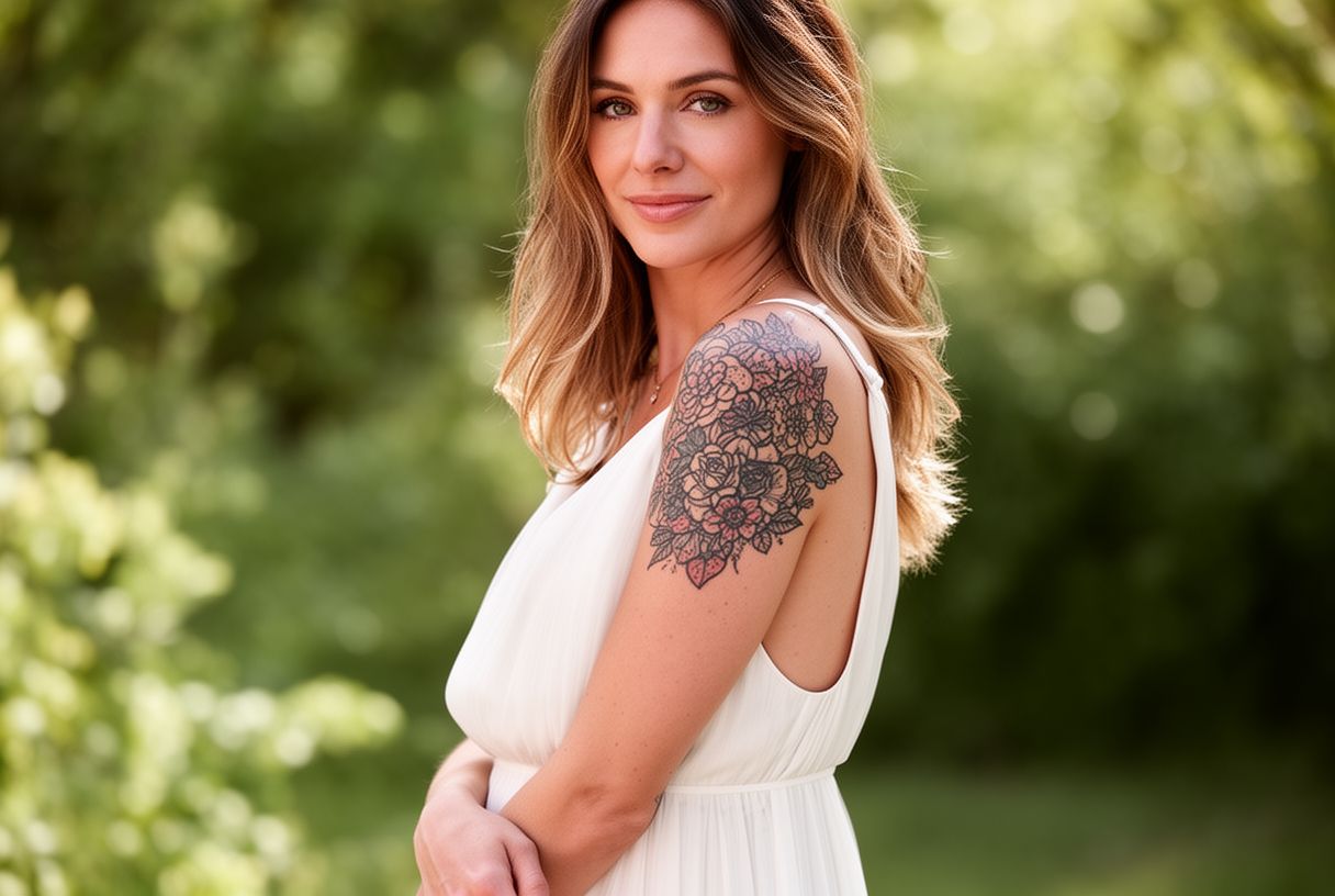 Femme sereine en robe d'été mettant en valeur un tatouage sur l'épaule en lumière naturelle
