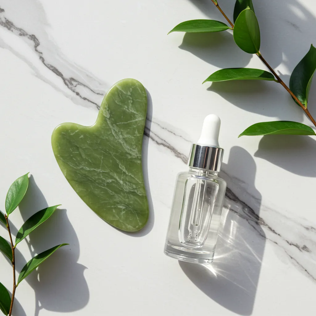 Outil Gua sha en jade et sérum cosmétique sur marbre blanc pour soin du contour du visage