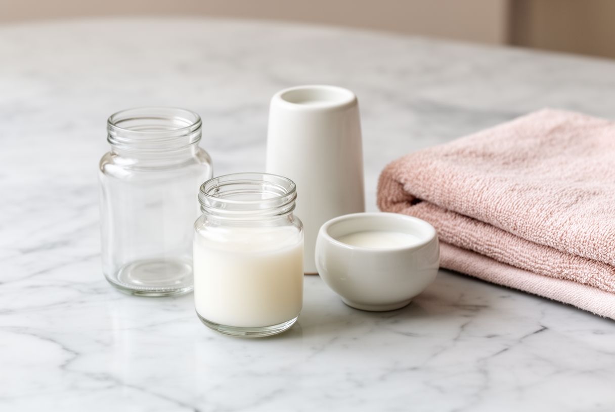 Soins doux posés sur un plan en marbre avec une serviette, ambiance apaisante