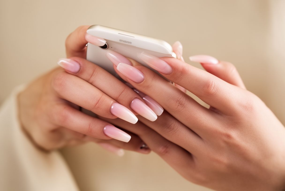 Femme utilisant la pulpe de ses doigts pour taper sur son téléphone malgré ses ongles longs