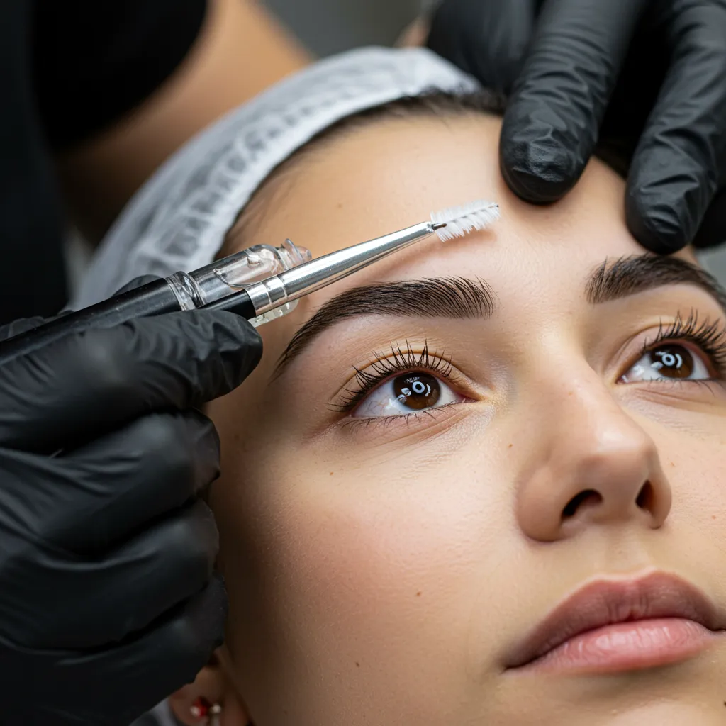 Application précise de la lotion lift sur les sourcils lors d'une séance de brow lift en institut