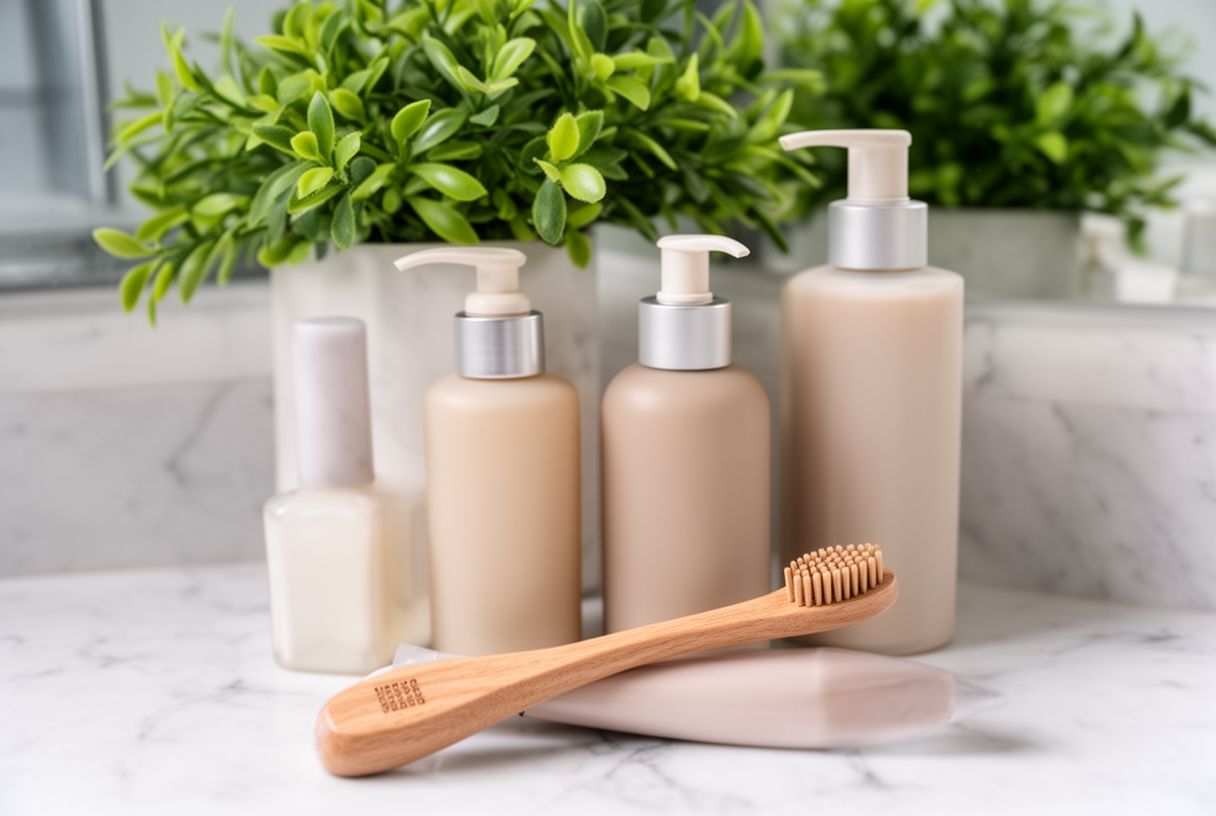 Produits de soin et brosse à dents disposés sur un plan de salle de bain en marbre