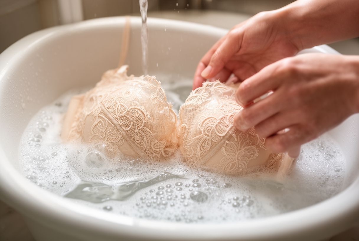 Lavage à la main d'un soutien-gorge en dentelle dans une bassine d'eau savonneuse