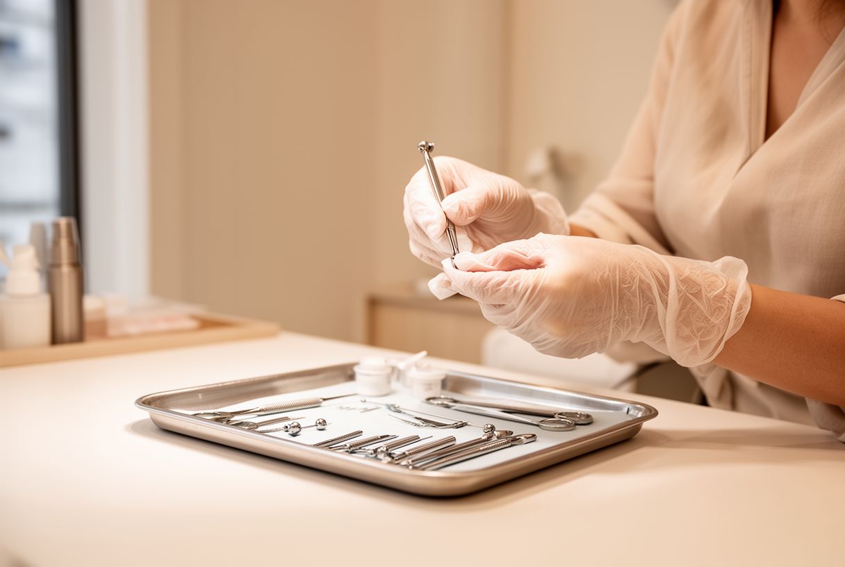 Mains gantées préparant du matériel stérile dans un studio de piercing moderne