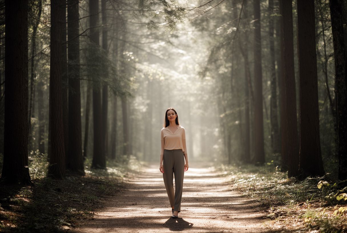 Femme marchant seule dans une forêt calme, sans écouteurs, dans une lumière douce