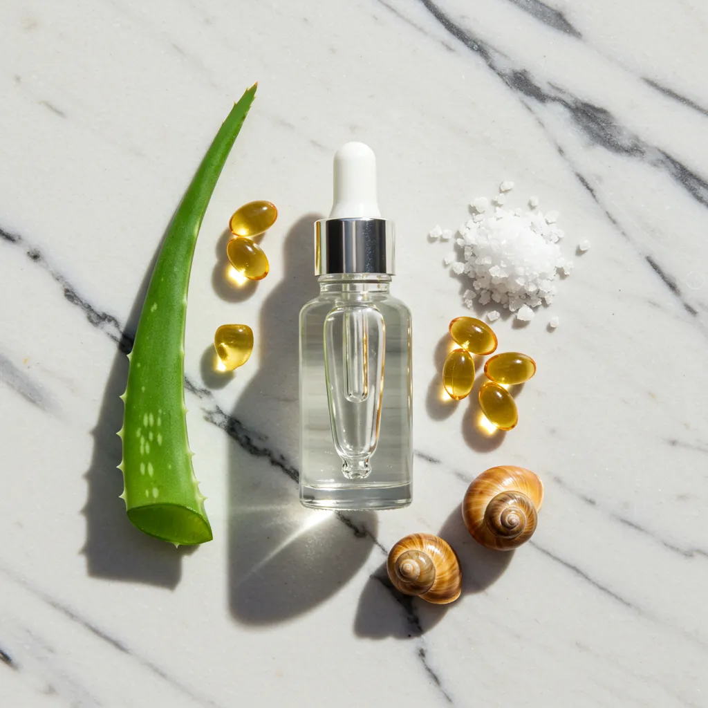 Composition à plat des actifs cosmétiques présents dans la bave d'escargot : sérum, allantoïne, acide glycolique et vitamines