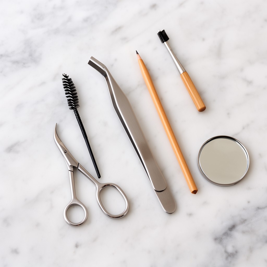 Pince à épiler biseautée, ciseaux, goupillon et crayon à sourcils sur un plan en marbre
