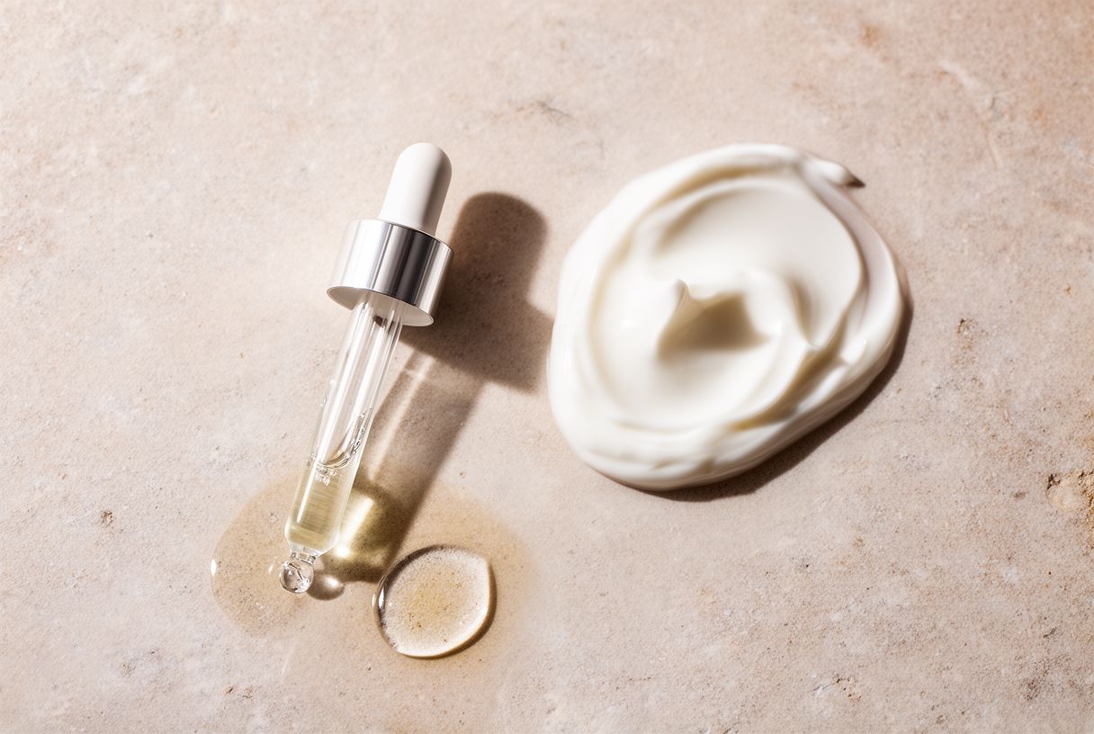 Textures de soins hydratants et sérum disposés sur une surface claire