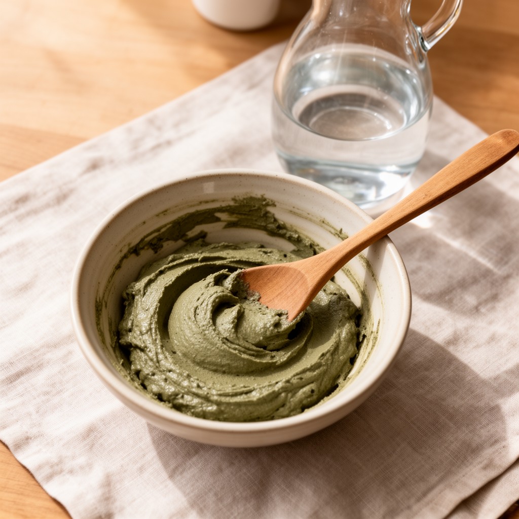 Préparation d'une pâte d'argile verte dans un bol en céramique avec une spatule en bois