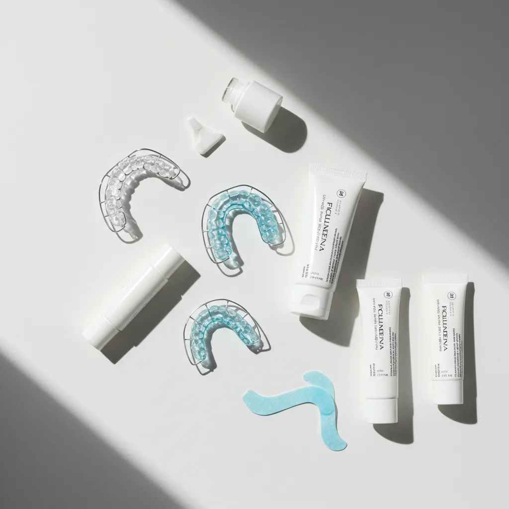 Arrangement de produits de blanchiment dentaire à domicile vus de dessus, incluant gouttières et gels