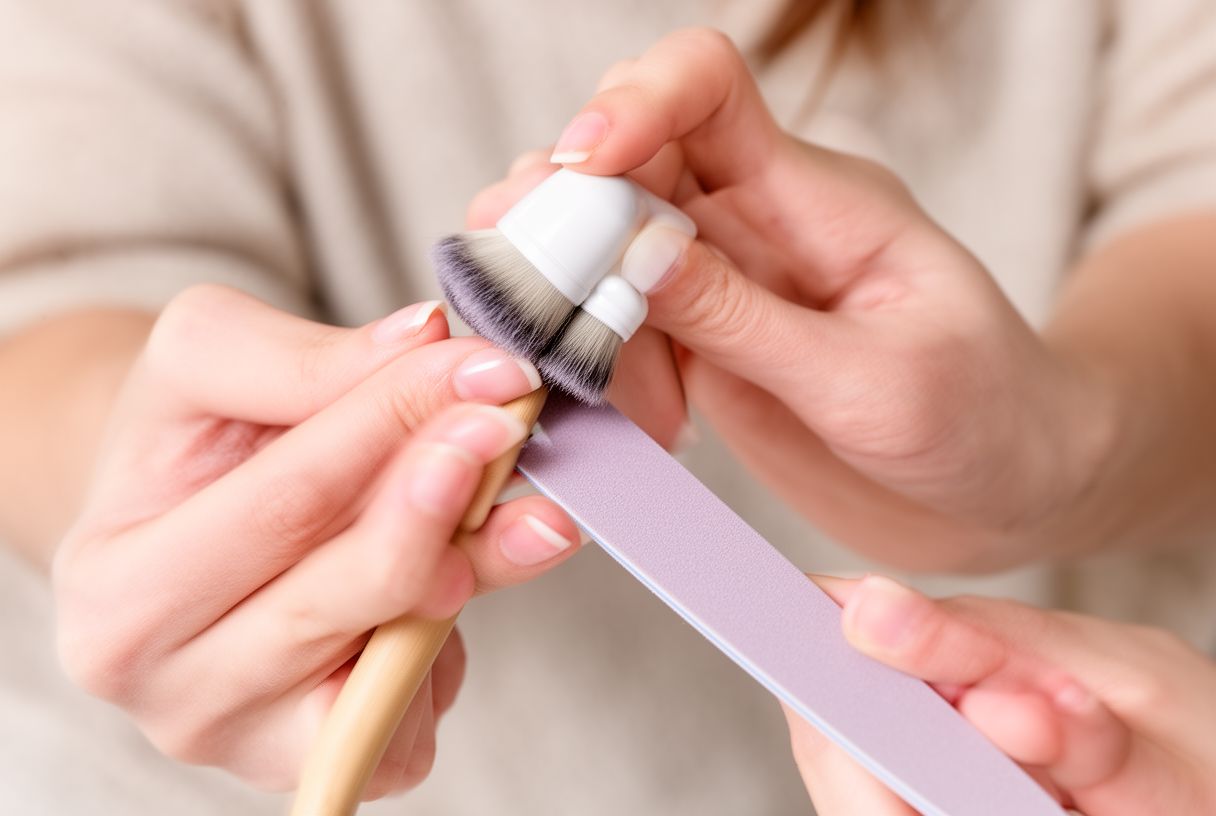 Séance de soin des ongles avec lime et brosse douce dans une ambiance lumineuse