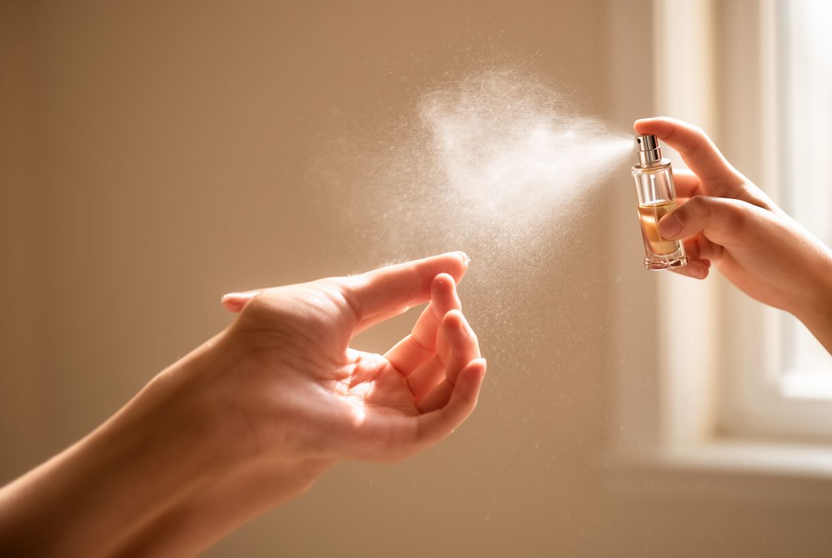 Femme vaporisant délicatement du parfum sur son poignet dans une lumière douce
