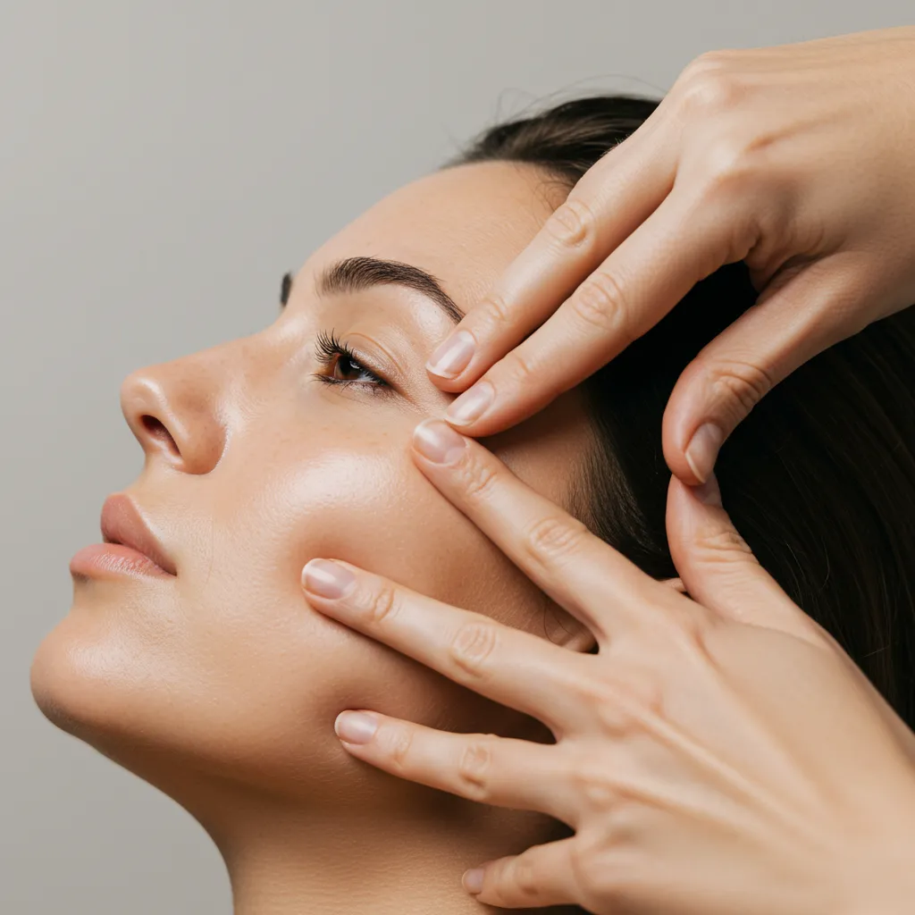 Démonstration du massage lymphatique du contour des yeux avec les doigts pour améliorer la circulation
