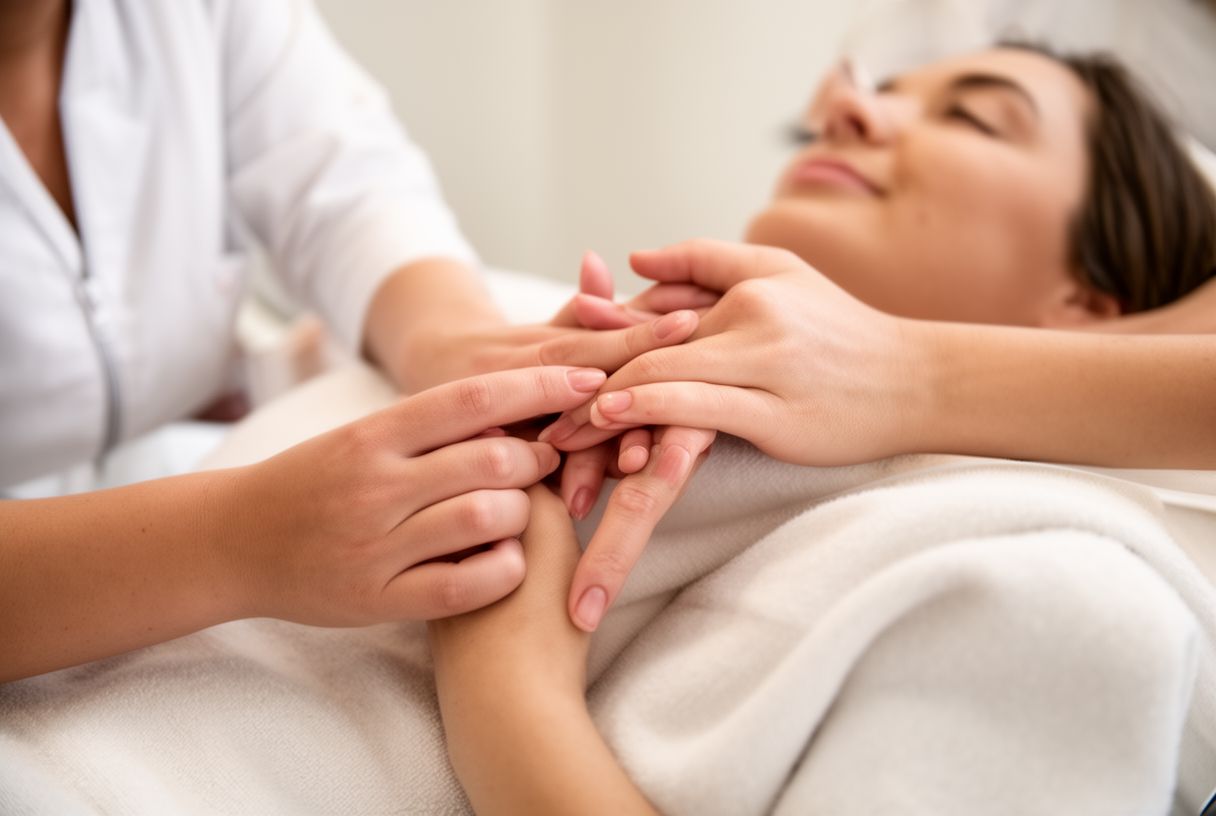 Une cliente détendue dans un fauteuil de salon pendant sa manucure