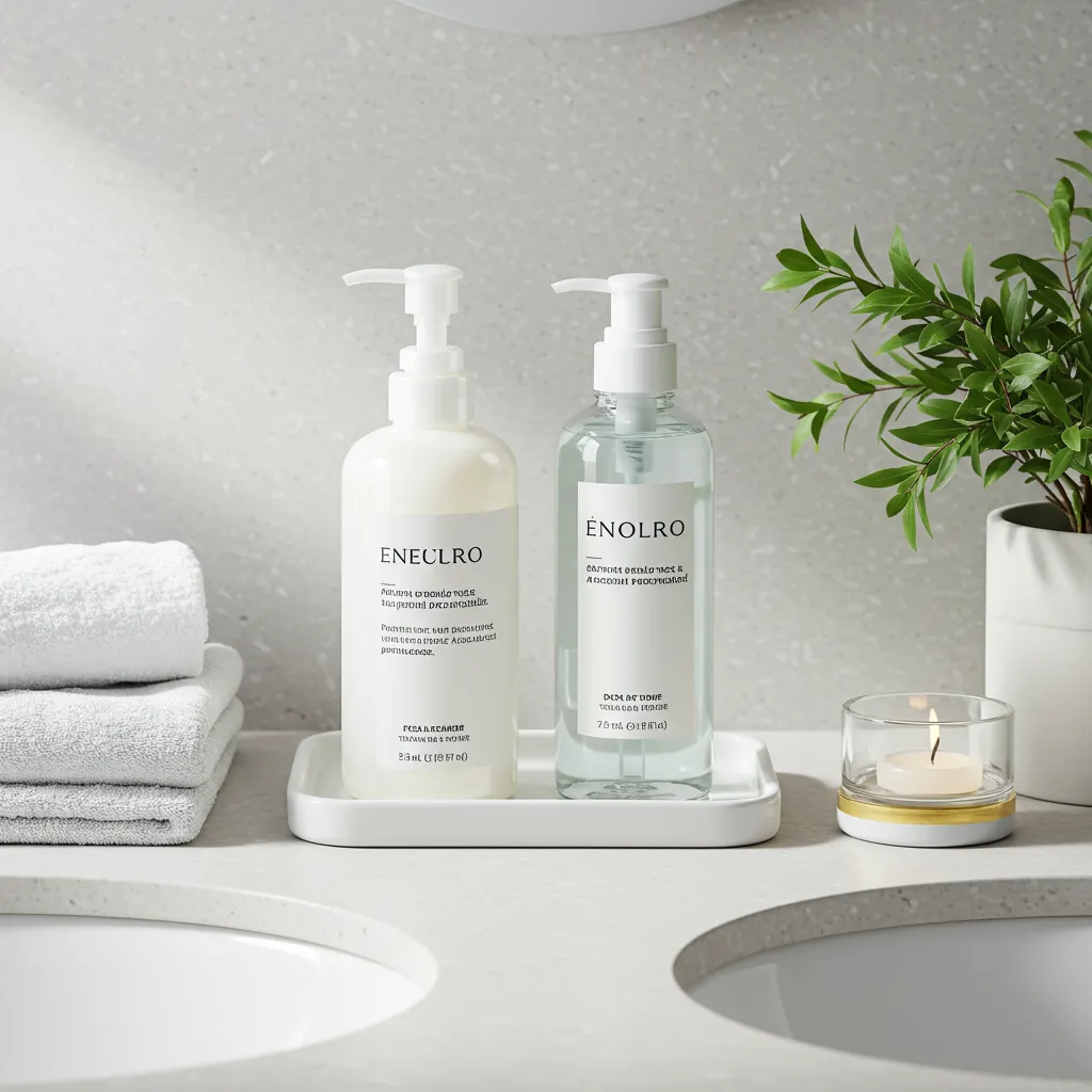Routine soin visage simplifiée avec nettoyant et toner posés sur un plateau blanc dans une salle de bain lumineuse