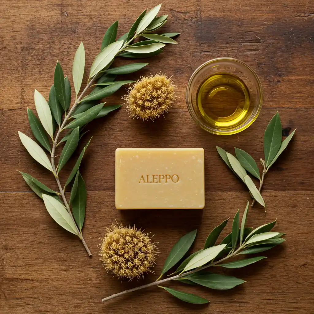 Composition plate montrant un savon d'Alep authentique entouré d'ingrédients naturels : branches d'olivier, baies de laurier et huile d'olive