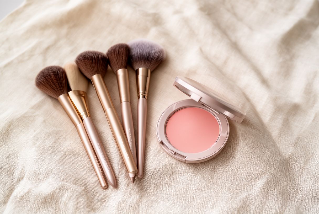 Pinceaux et produits de maquillage disposés sur un tissu clair à la lumière du matin