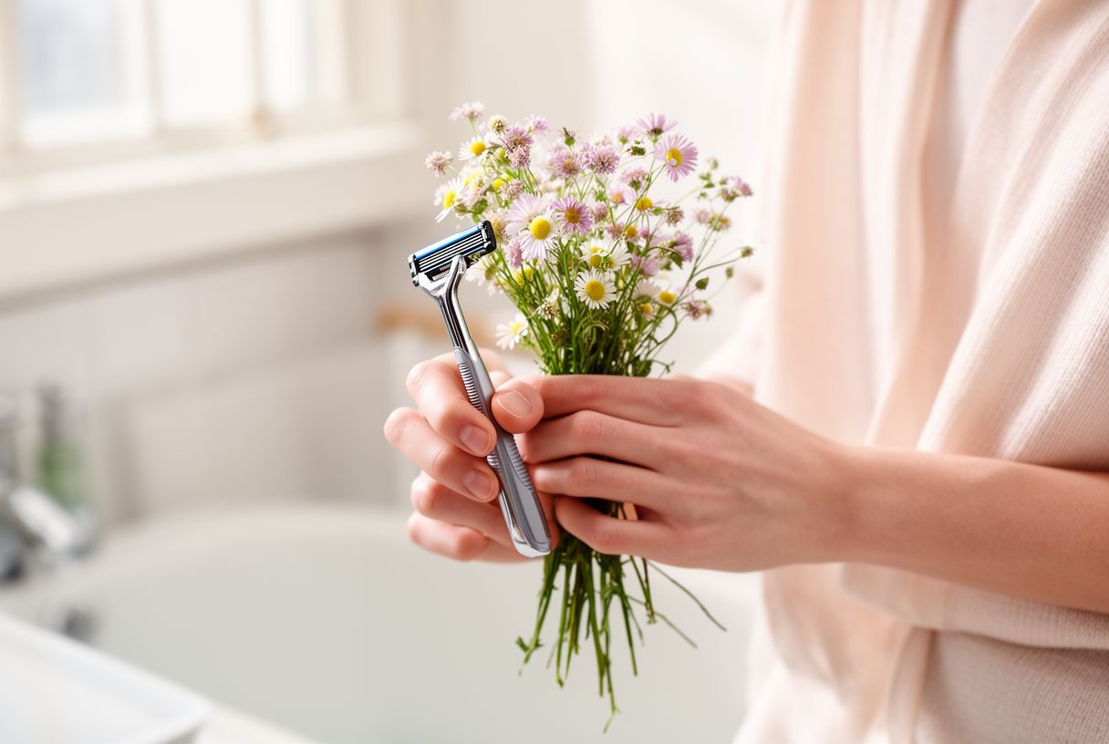 Mains tenant un rasoir et un petit bouquet de fleurs, symbole du soin de soi