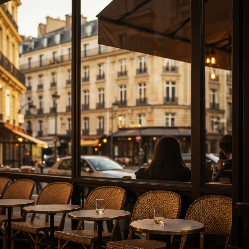 Silhouette élégante dans un café parisien baigné de lumière dorée, évoquant le charme naturel à la française