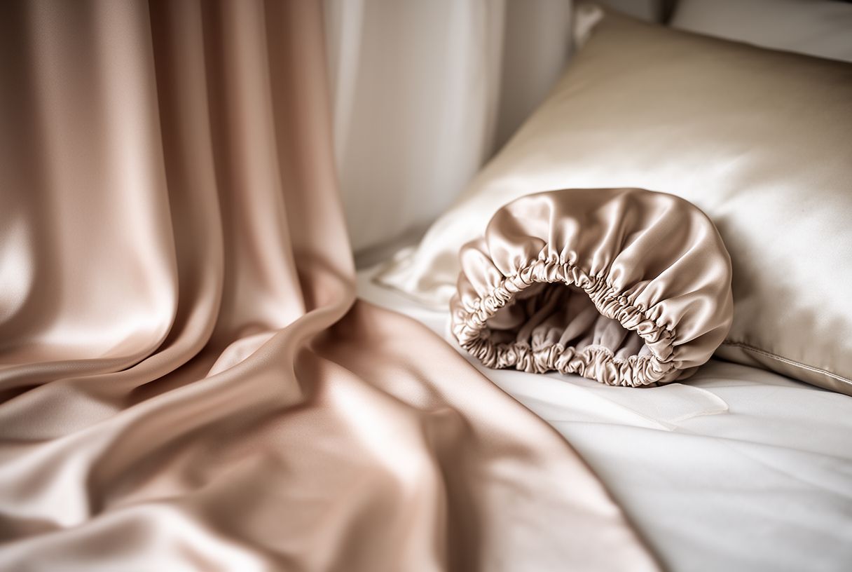Bonnet en satin posé près d'une taie d'oreiller en soie, matières lisses pour protéger les cheveux