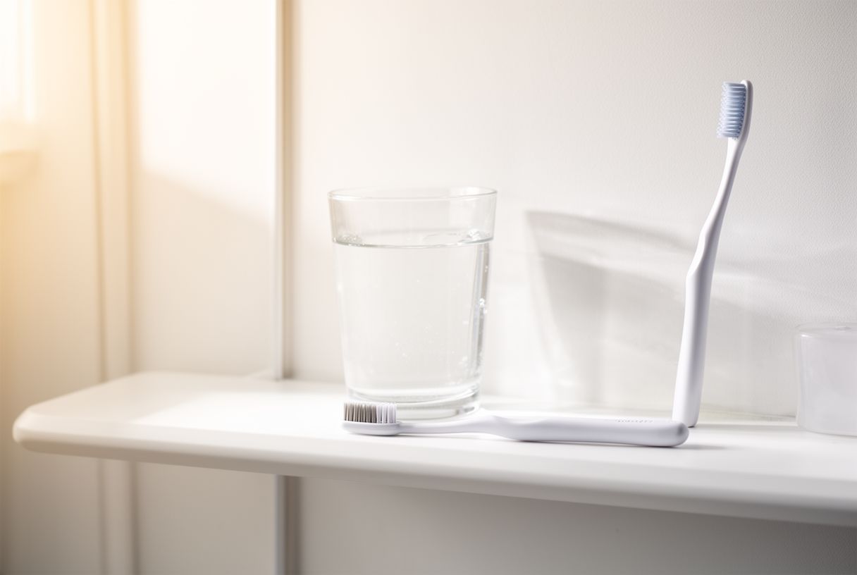 Brosse à dents à poils souples et verre d'eau posés sur une étagère de salle de bain