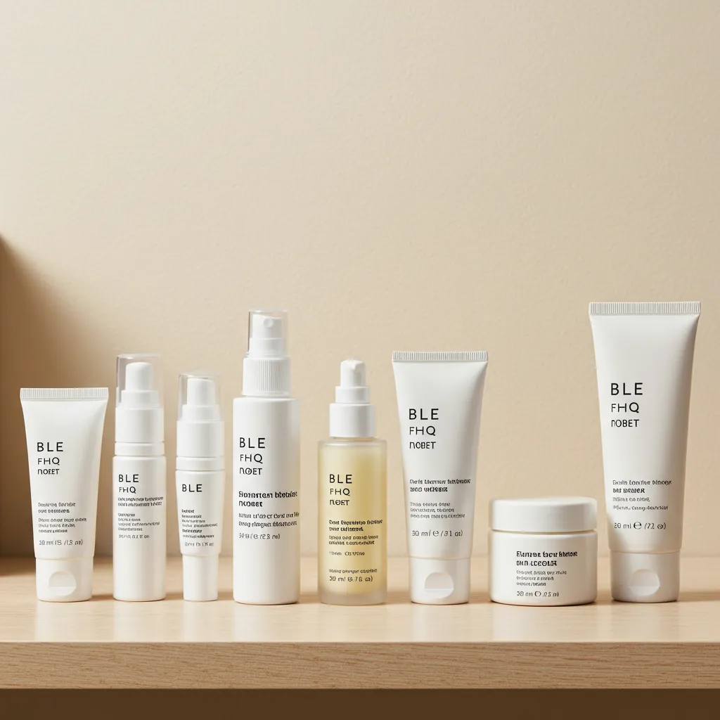 Rangée de flacons de soins cosmétiques minimalistes sur une étagère en bois clair, vue de face