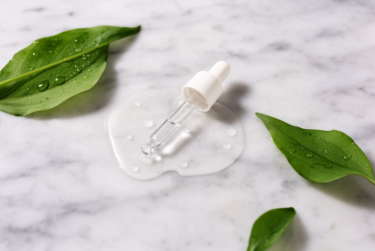 Texture d'une lotion tonique et gouttes d'eau sur un plan en marbre