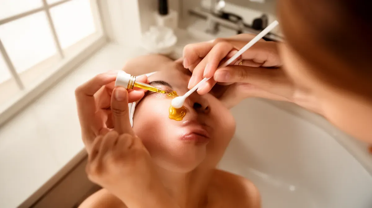 Application d'huile essentielle de Tea Tree diluée sur la peau avec un coton-tige, vue technique du protocole