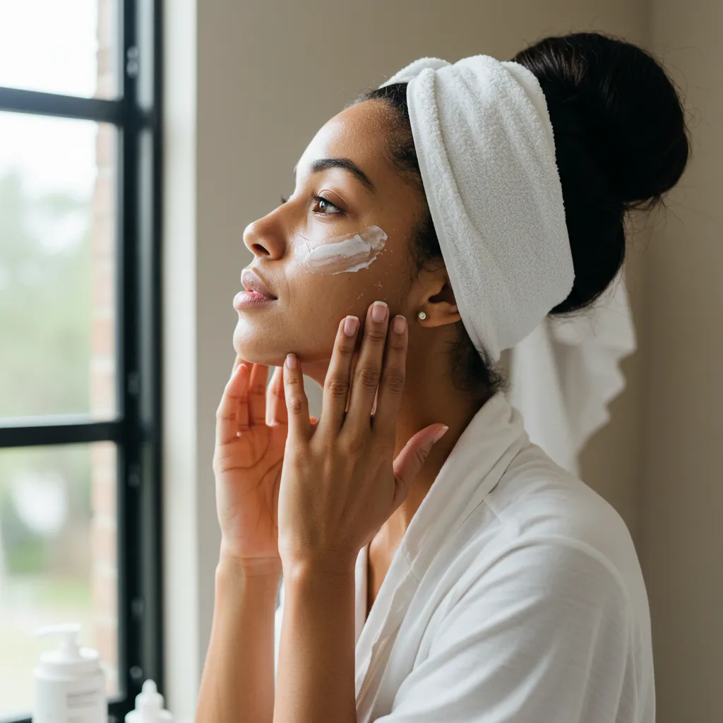 Femme appliquant un soin sur son menton dans une routine de soins de la peau quotidienne