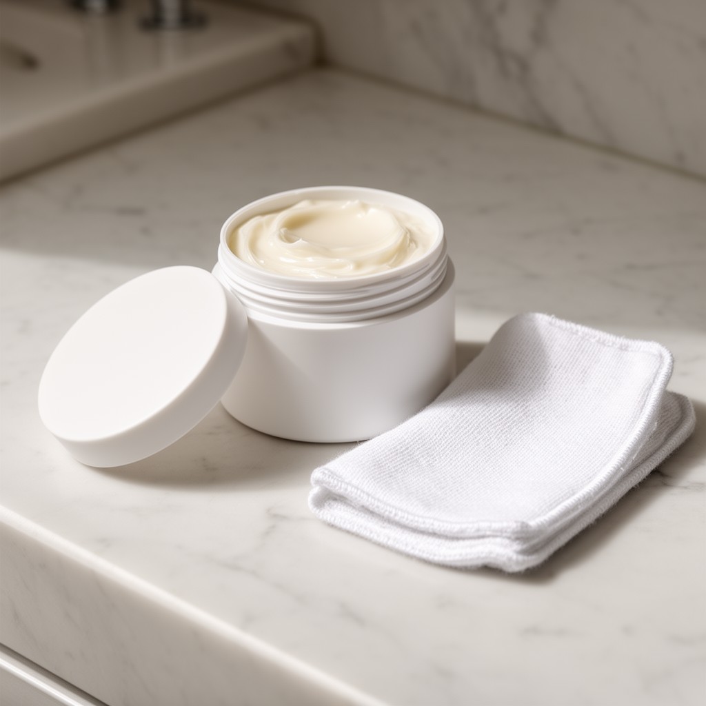 Pot de baume blanc sans étiquette et compresse de coton sur un plan en marbre