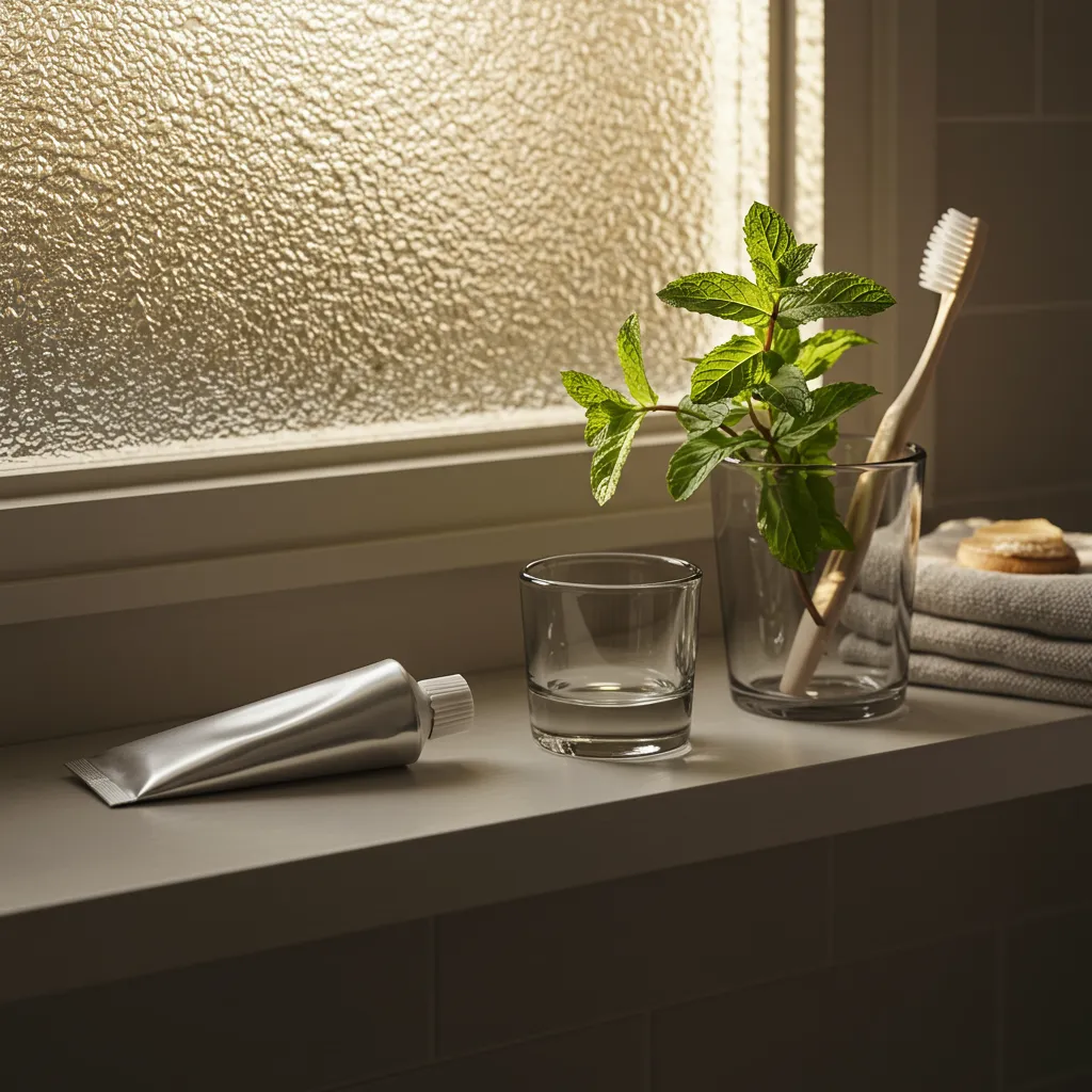 Étagère de salle de bain épurée avec tube de dentifrice métal, brosse à dents et feuilles de menthe fraîche dans une lumière dorée