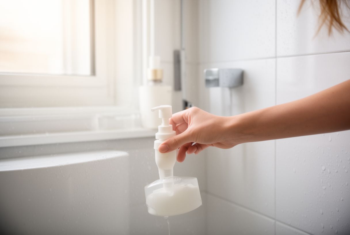 Une main attrape un flacon de soin capillaire dans une salle de bains lumineuse