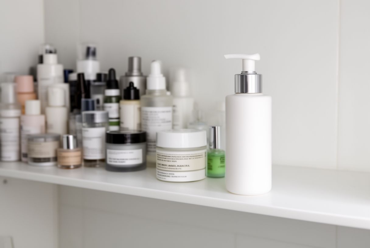Étagère de salle de bain avec de nombreux produits de soin sans étiquette et un seul flacon mis à part