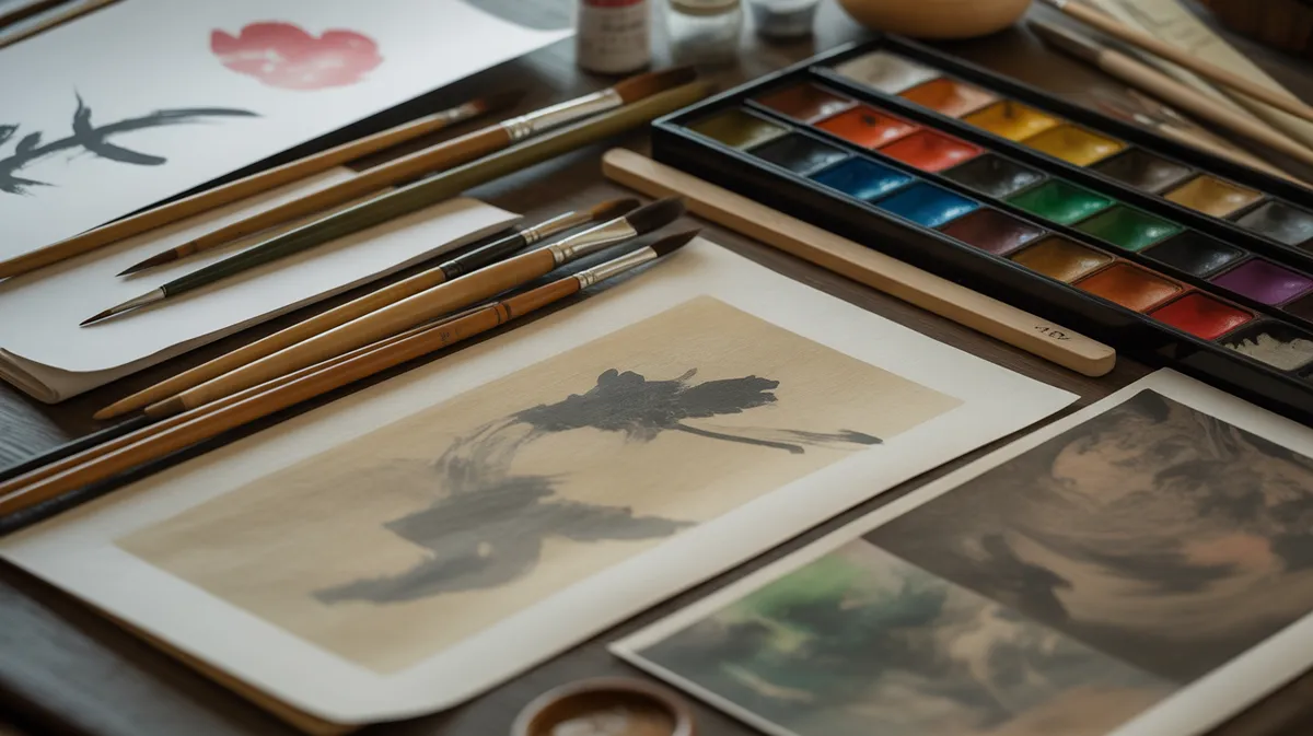 Composition artistique montrant des éléments de l'art traditionnel japonais avec pinceaux et pigments