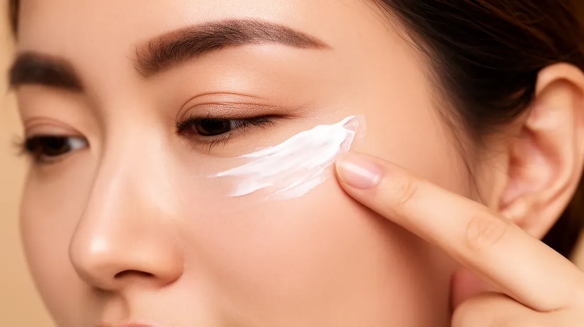 Application délicate d'une crème contour des yeux, démontrant la technique de soin appropriée pour cette zone sensible