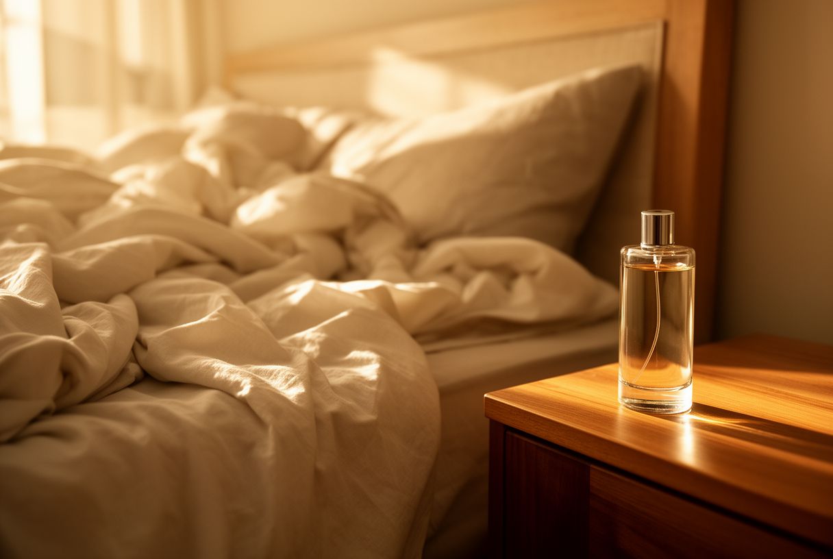 Flacon de parfum posé sur une table de chevet près de draps froissés au réveil