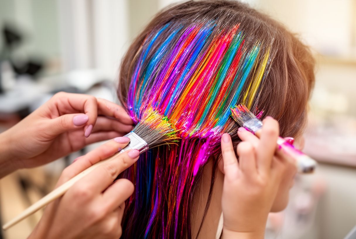 Application d'une coloration vive au pinceau sur une mèche de cheveux