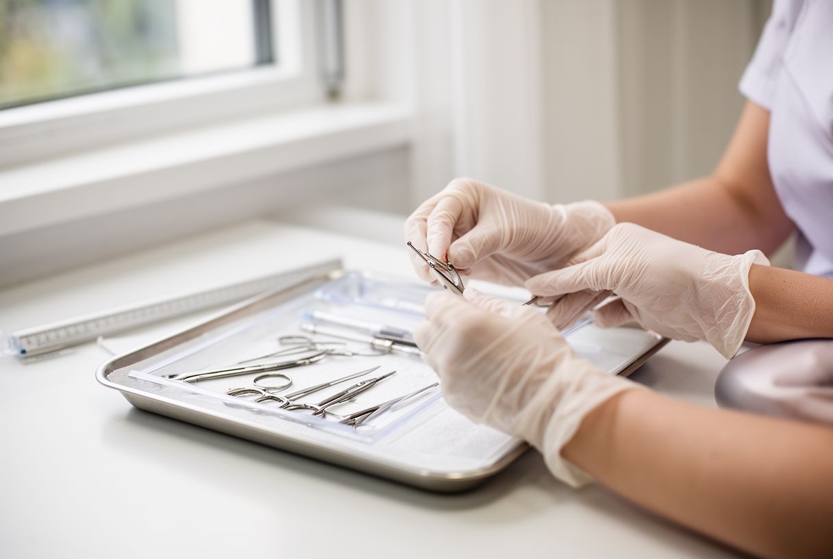 Un studio de piercing professionnel avec du matériel stérile préparé sur un plateau