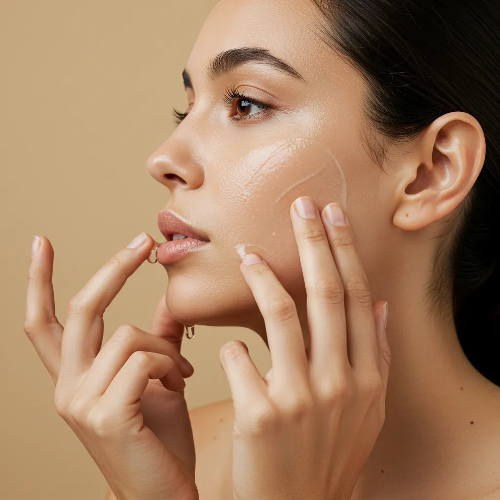 Application d'un sérum facial sur la peau avec technique de massage circulaire