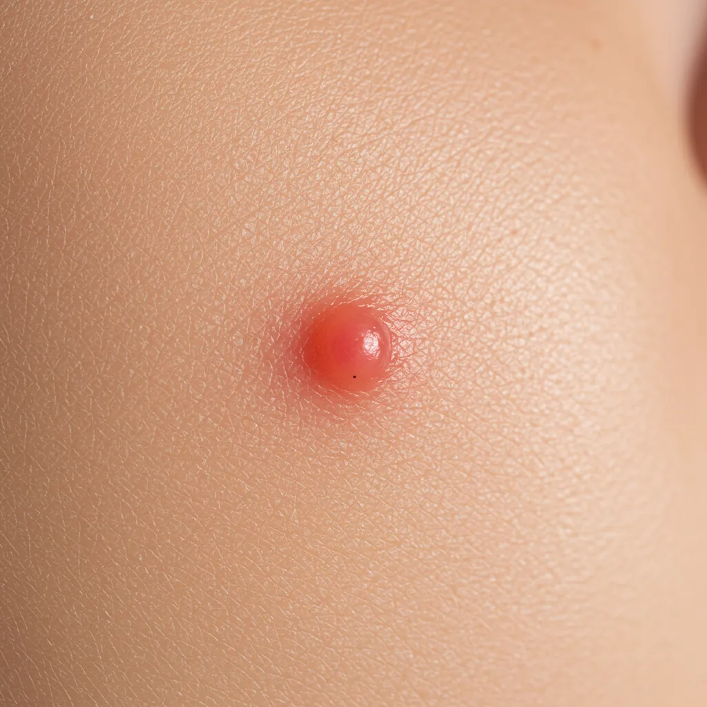 Gros plan sur un bouton inflammatoire isolé sur la peau du visage, illustrant l'acné inflammatoire ciblée par les antiseptiques
